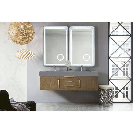 Mercer Island 59" Double Vanity Latte Oak Radiant Gold,Dusk Grey Composite Top