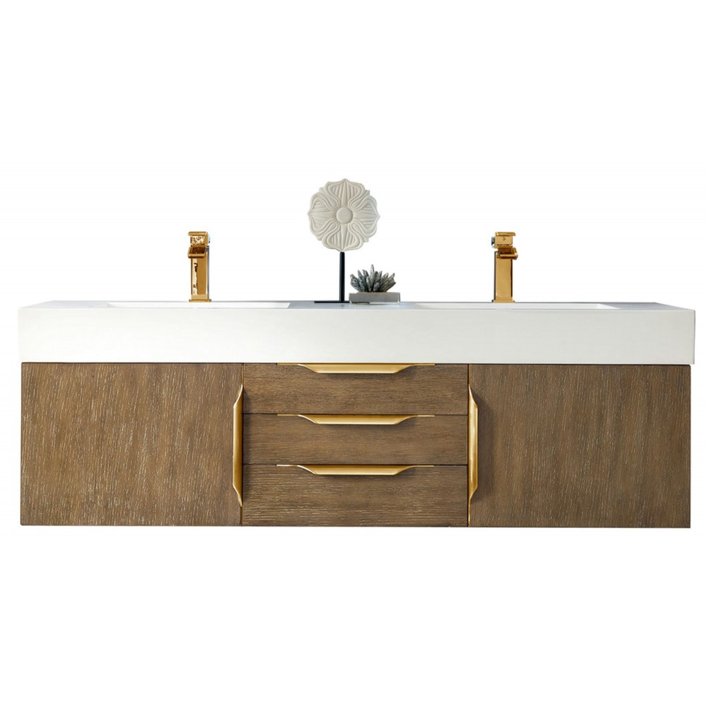 Mercer Island 59" Double Vanity Latte Oak Radiant Gold w/ White Composite Top