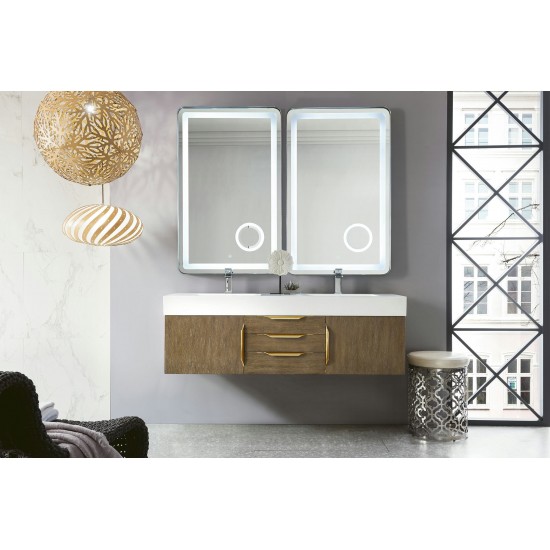 Mercer Island 59" Double Vanity Latte Oak Radiant Gold w/ White Composite Top