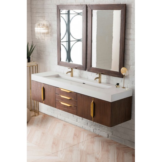 Mercer Island 72" Double Vanity Coffee Oak Radiant Gold w/ White Composite Top