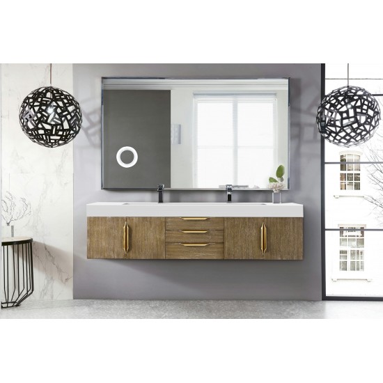 Mercer Island 72" Double Vanity Latte Oak Radiant Gold w/ White Composite Top