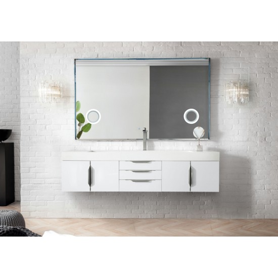 Mercer Island 72" Single Vanity, Glossy White w/ Glossy White Composite Top