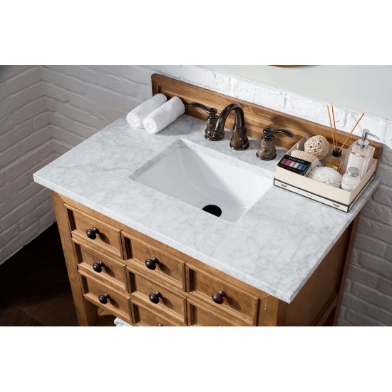 Malibu 36" Single Vanity, Honey Alder w/ 3 CM Carrara Marble Top