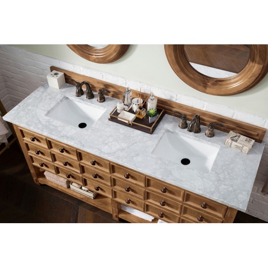 Malibu 72" Double Vanity, Honey Alder w/ 3 CM Carrara Marble Top