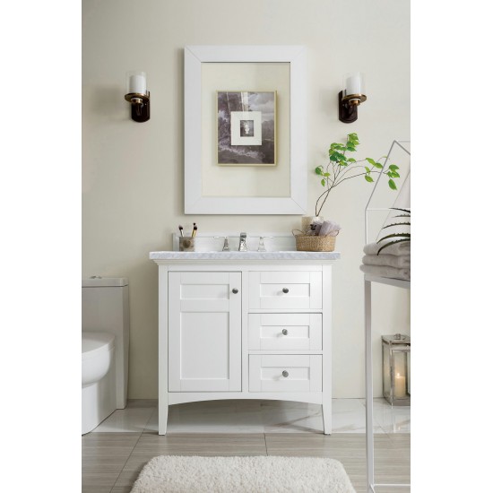 Palisades 36" Single Vanity, Bright White w/ 3 CM Carrara Marble Top