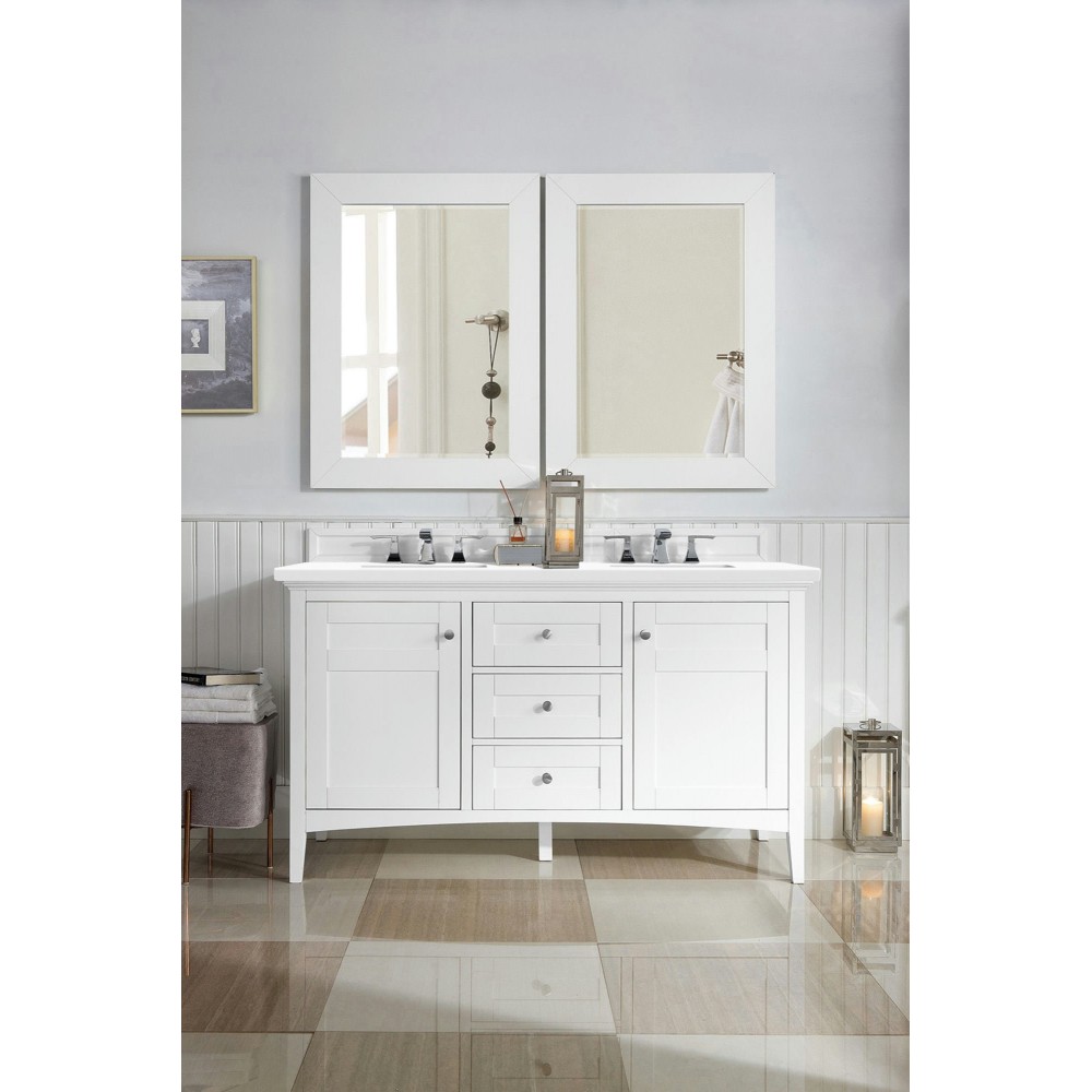 Palisades 60" Double Vanity, Bright White, w/ 3 CM Classic White Quartz Top