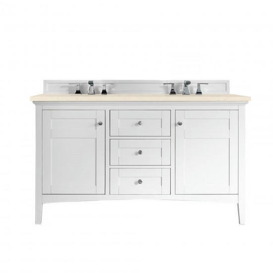 Palisades 60" Double Vanity, Bright White, w/ 3 CM Eternal Marfil Quartz Top