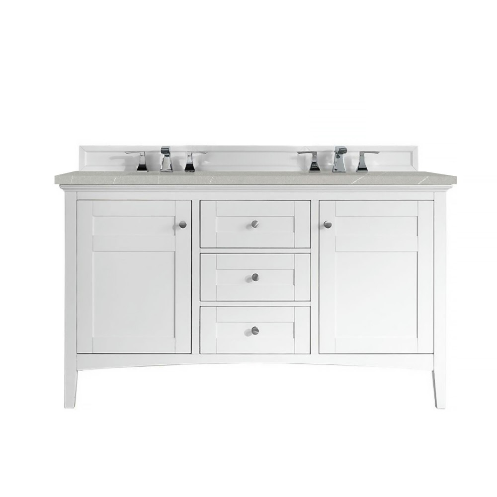 Palisades 60" Double Vanity, Bright White, w/ 3 CM Eternal Serena Quartz Top