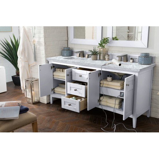 Palisades 72" Double Vanity, Bright White w/ 3 CM Carrara Marble Top