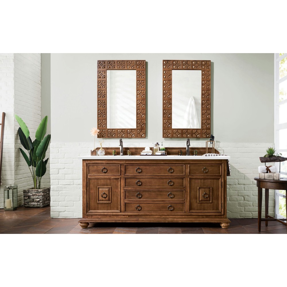 Mykonos 72" Double Vanity Cabinet, Cinnamon, w/ 3 CM Classic White Quartz Top Mykonos 72" Double Vanity Cabinet, Cinnamon, w/ 3 CM Classic White Quartz Top