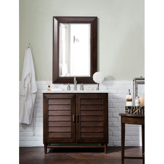 Portland 36" Single Vanity, Burnished Mahogany w/ 3 CM Carrara Marble Top