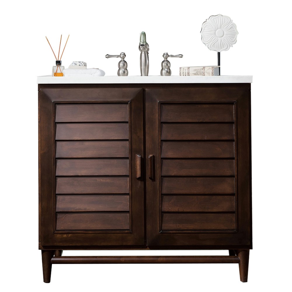Portland 36" Single Vanity Burnished Mahogany w/ 3 CM Jasmine Pearl Quartz Top Portland 36" Single Vanity Burnished Mahogany w/ 3 CM Jasmine Pearl Quartz Top
