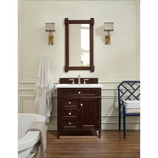 Brittany 30" Single Vanity, Burnished Mahogany, w/ 3 CM Classic White Quartz Top