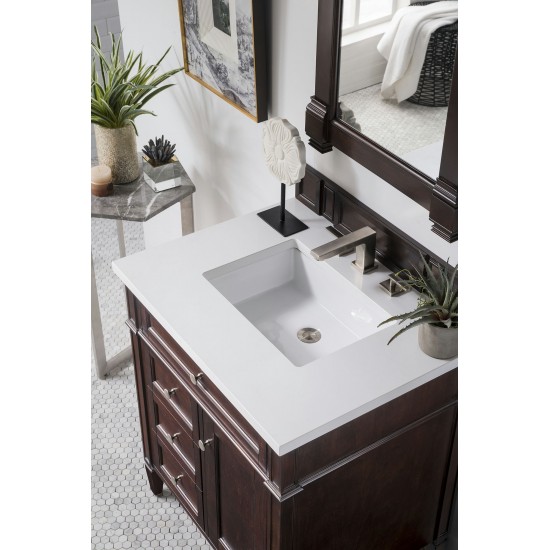 Brittany 30" Single Vanity, Burnished Mahogany, w/ 3 CM Classic White Quartz Top