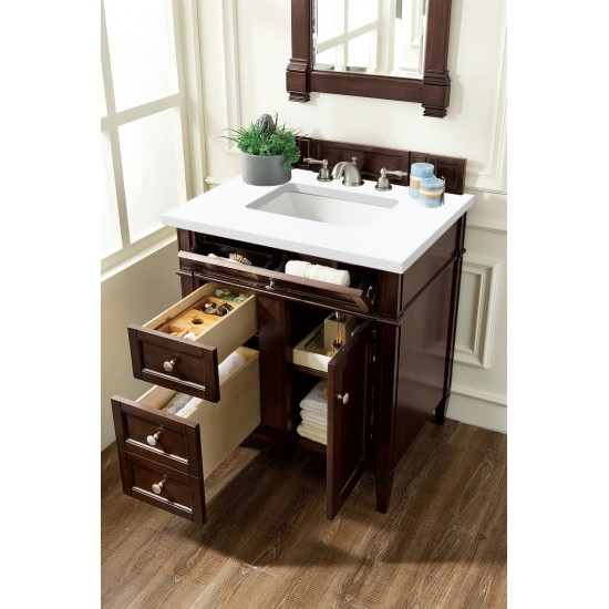 Brittany 30" Single Vanity, Burnished Mahogany, w/ 3 CM Classic White Quartz Top