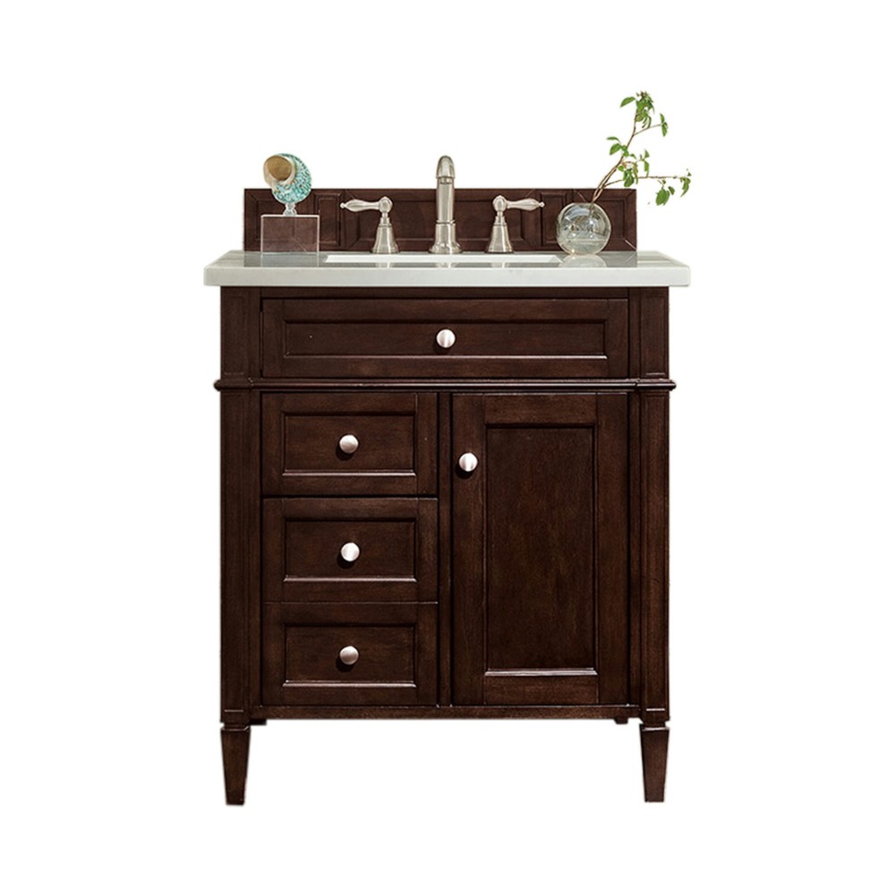 Brittany 30" Single Vanity Burnished Mahogany w/ 3 CM Jasmine Pearl Quartz Top Brittany 30" Single Vanity Burnished Mahogany w/ 3 CM Jasmine Pearl Quartz Top