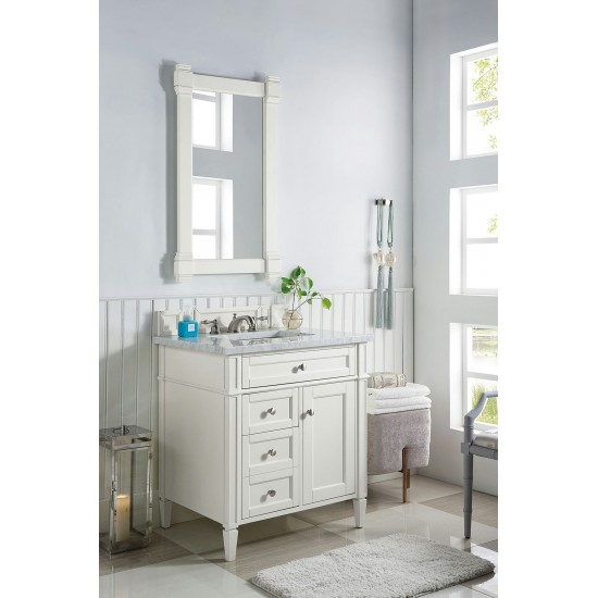 Brittany 30" Single Vanity, Bright White w/ 3 CM Carrara Marble Top