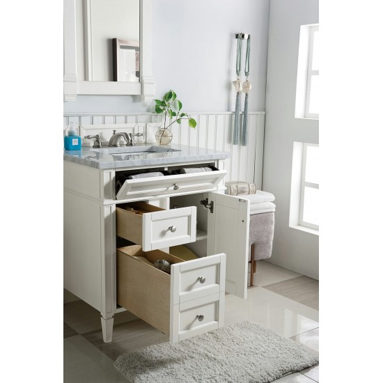 Brittany 30" Single Vanity, Bright White w/ 3 CM Carrara Marble Top