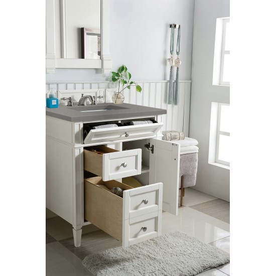 Brittany 30" Single Vanity, Bright White, w/ 3 CM Grey Expo Quartz Top