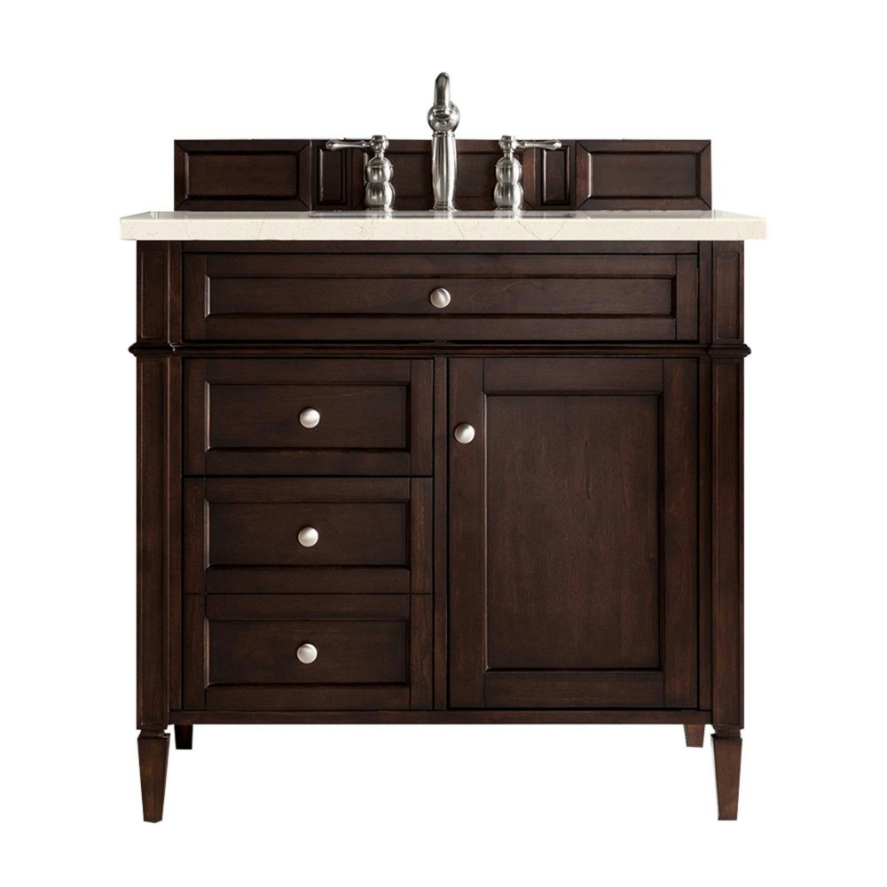 Brittany 36" Burnished Mahogany Single Vanity w/ 3 CM Eternal Marfil Quartz Top Brittany 36" Burnished Mahogany Single Vanity w/ 3 CM Eternal Marfil Quartz Top