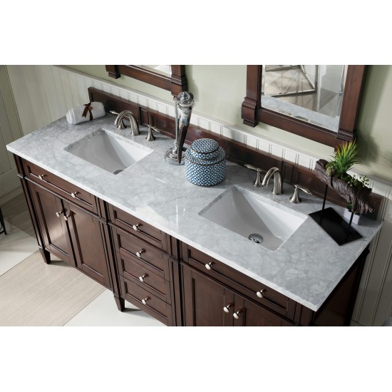 Brittany 72" Burnished Mahogany Double Vanity w/ 3 CM Carrara Marble Top