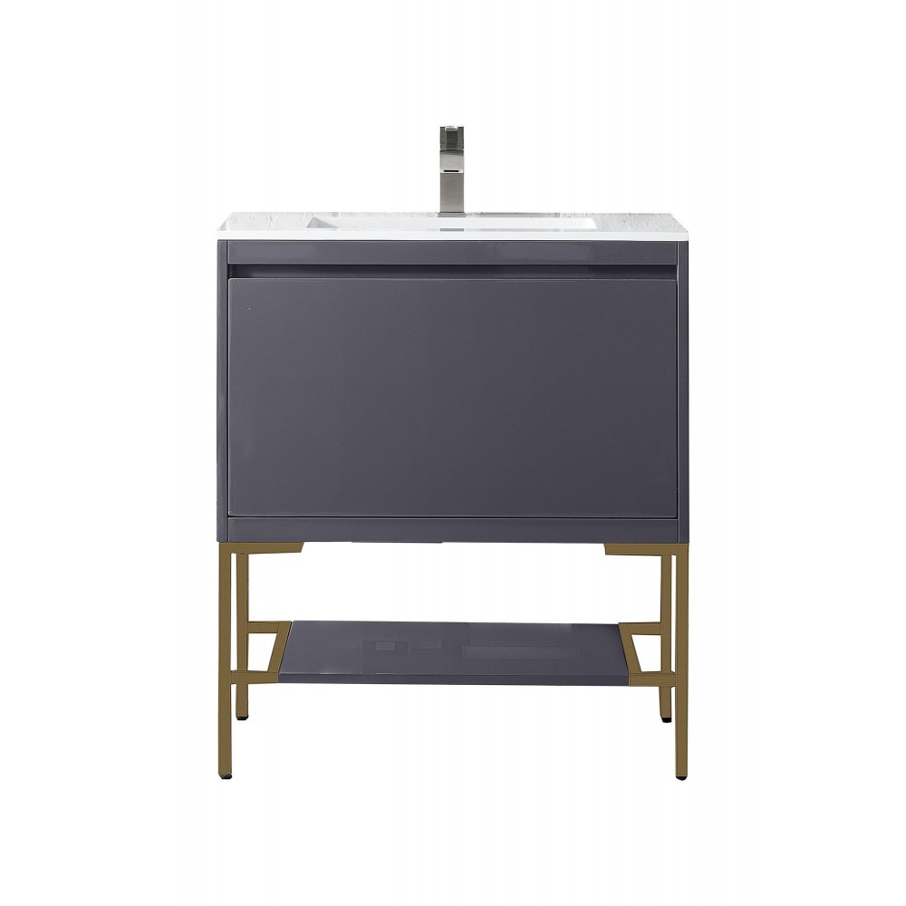 Milan 31.5" Single Vanity Modern Grey Radiant Gold w/ White Composite Top Milan 31.5" Single Vanity Modern Grey Radiant Gold w/ White Composite Top