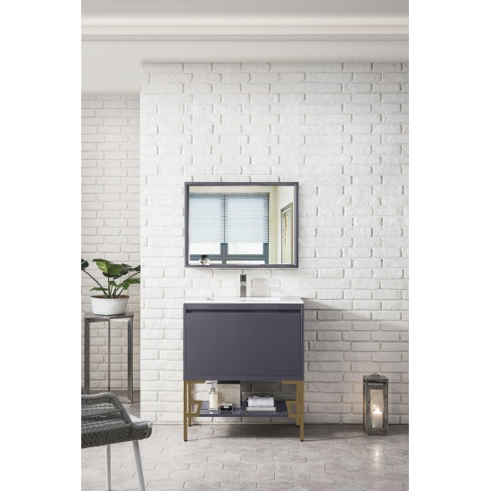 Milan 31.5" Single Vanity Modern Grey Radiant Gold w/ White Composite Top