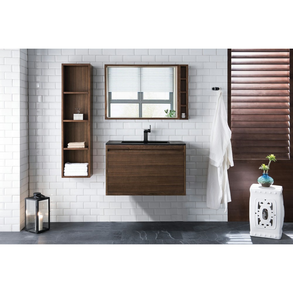 Milan 31.5" Single Vanity, Mid Century Walnut w/Charcoal Black Composite Top