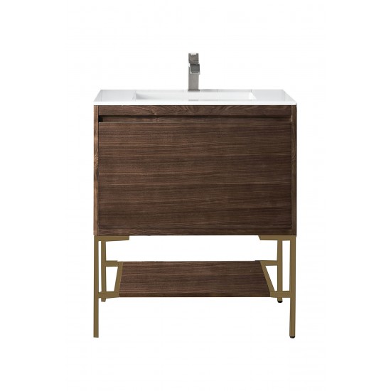 Milan 31.5" Single Vanity Mid Century Walnut Radiant Gold w/ White Composite Top