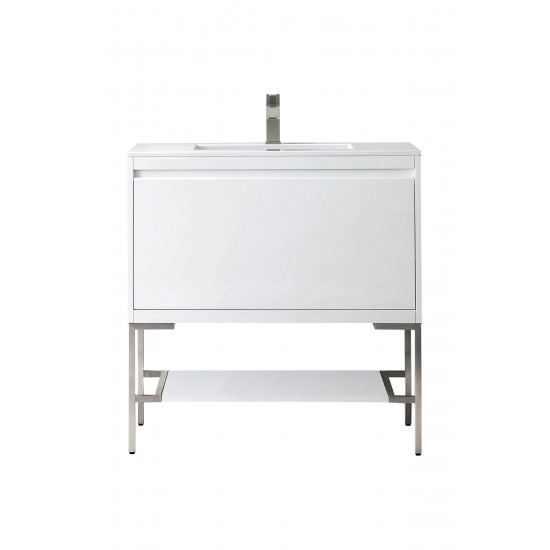 Milan 35.4" Single Vanity Glossy White Nickel w/Glossy White Composite Top