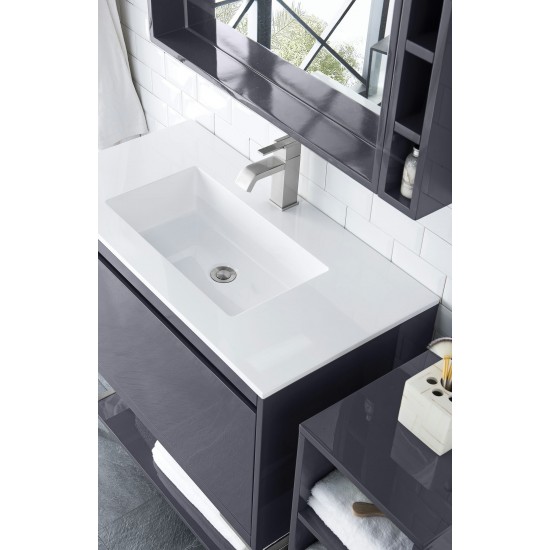 Milan 35.4" Single Vanity Modern Grey Glossy Nickel w/Glossy White Composite Top