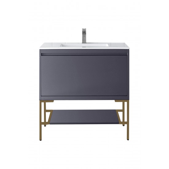 Milan 35.4" Single Vanity Modern Grey Radiant Gold w/ White Composite Top