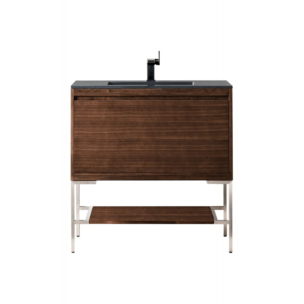 Milan 35.4" Single Vanity Mid Century Walnut Nickel w/ Black Composite Top