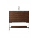 Milan 35.4" Single Vanity Mid Century Walnut Nickel w/Glossy White Composite Top