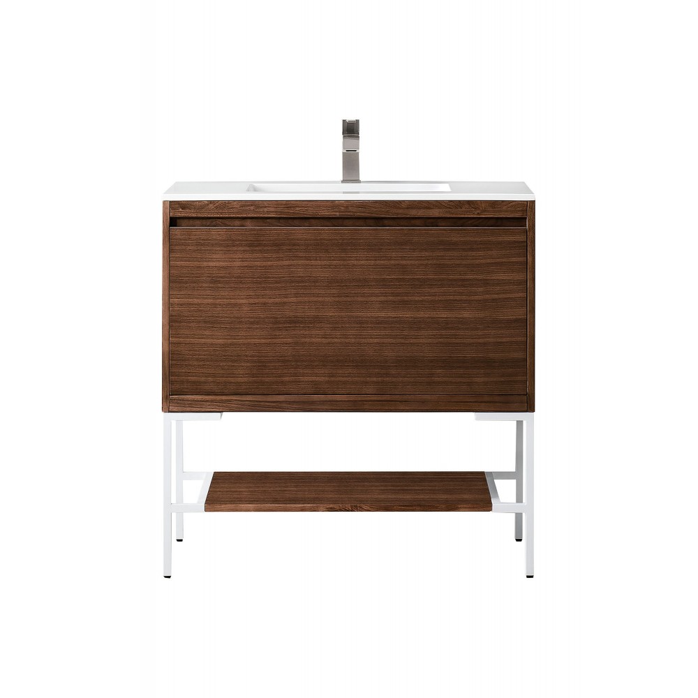 Milan 35.4" Single Vanity Mid Century Walnut White w/ White Composite Top Milan 35.4" Single Vanity Mid Century Walnut White w/ White Composite Top