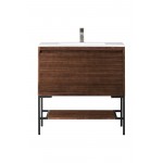 Milan 35.4" Single Vanity Mid Century Walnut Black w/Glossy White Composite Top