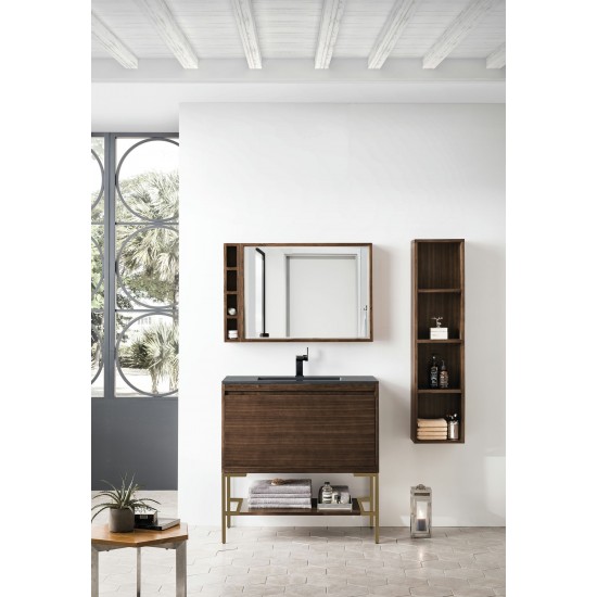 Milan 35.4" Single Vanity Mid Century Walnut Radiant Gold w/ Black Composite Top