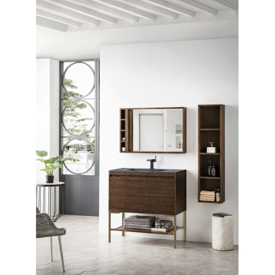 Milan 35.4" Single Vanity Mid Century Walnut Radiant Gold w/ Black Composite Top