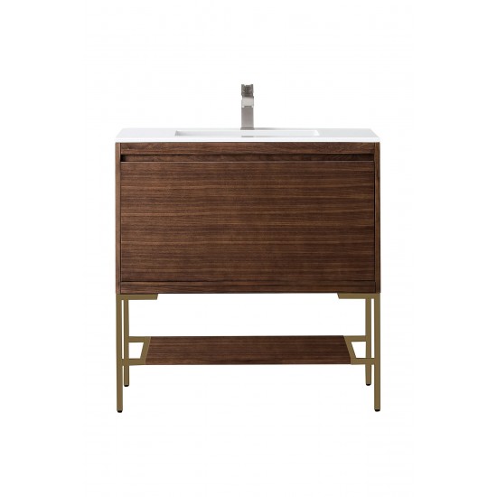 Milan 35.4" Single Vanity Mid Century Walnut Radiant Gold w/ White Composite Top