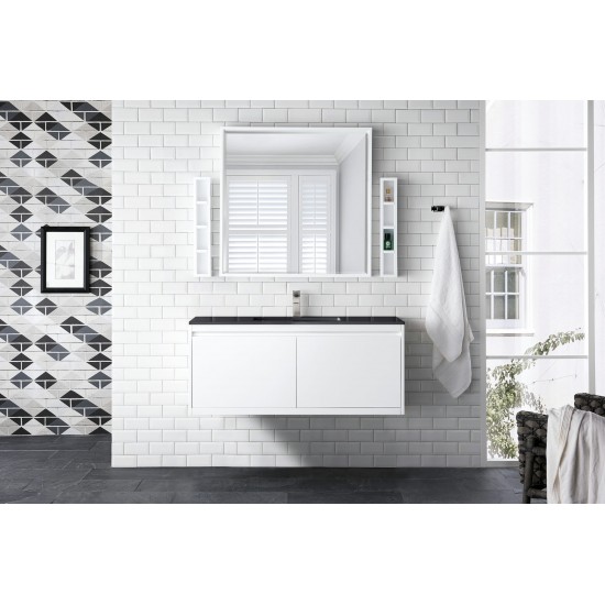 Milan 47.3" Single Vanity Cabinet, Glossy White w/Charcoal Black Composite Top