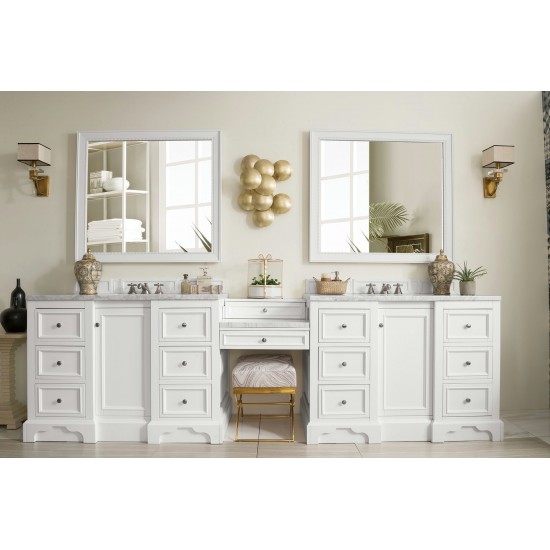 De Soto 118" Double Vanity Set White w/Makeup Table 3 CM Carrara Marble Top