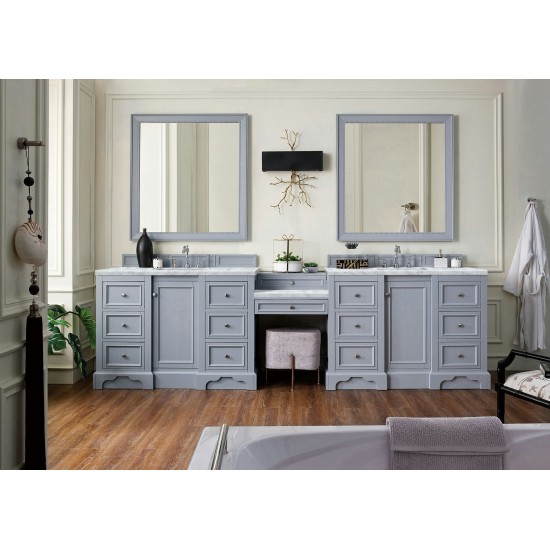 De Soto 118" Double Vanity Set Gray w/Makeup Table 3 CM Carrara Marble Top