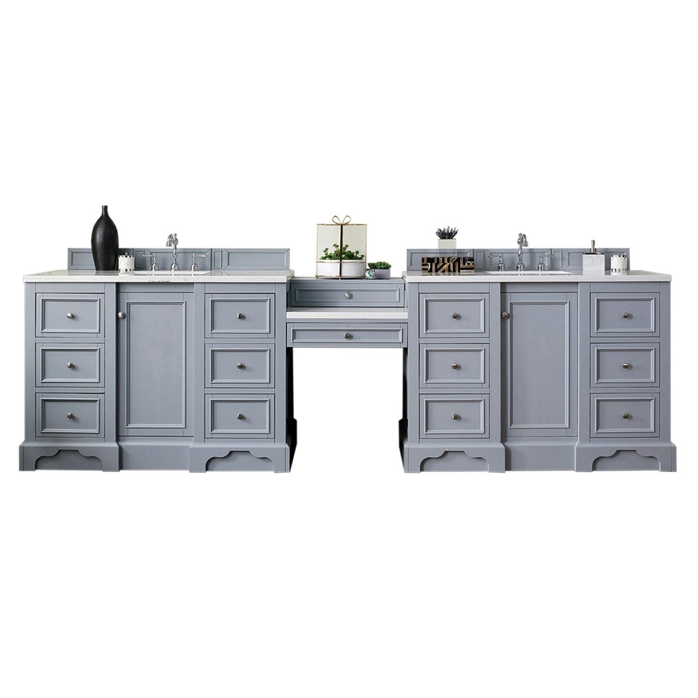 De Soto 118" Double Vanity Set Gray w/Makeup Table 3 CM Classic White Quartz Top De Soto 118" Double Vanity Set Gray w/Makeup Table 3 CM Classic White Quartz Top