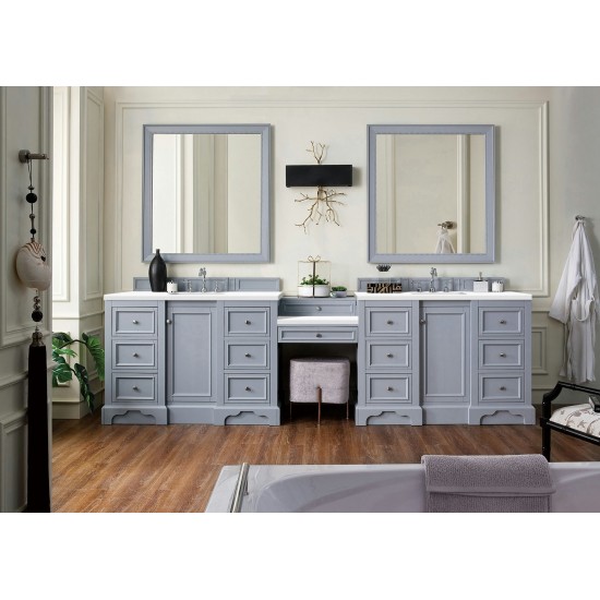 De Soto 118" Double Vanity Set Gray w/Makeup Table 3 CM Classic White Quartz Top