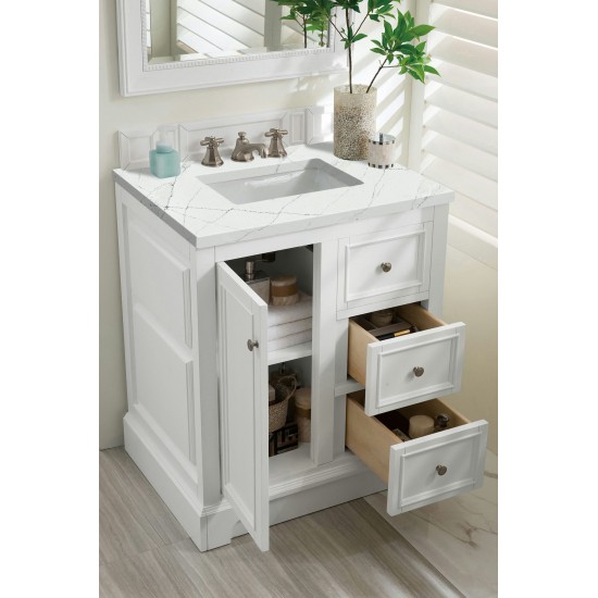 De Soto 30" Single Vanity, Bright White w/ 3 CM Ethereal Noctis Quartz Top