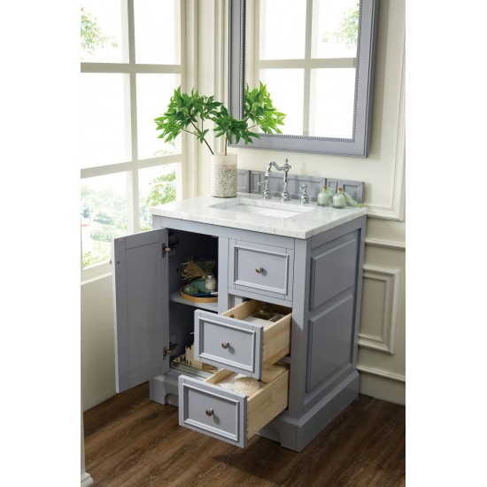 De Soto 30" Single Vanity, Silver Gray w/ 3 CM Carrara Marble Top