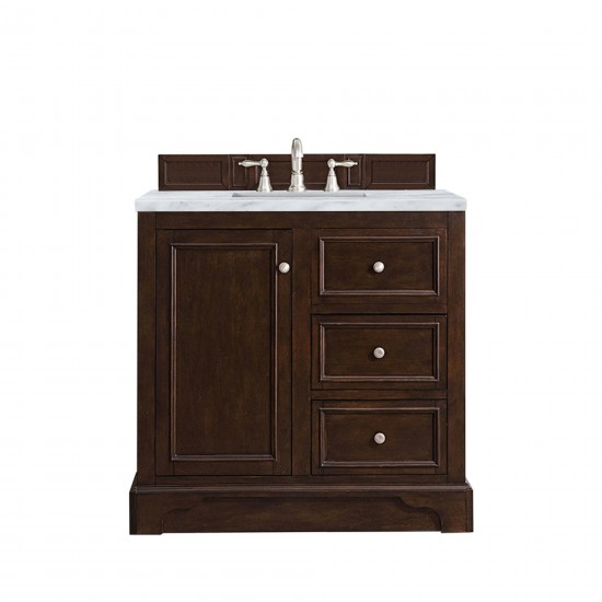 De Soto 36" Single Vanity, Burnished Mahogany w/ 3 CM Carrara Marble Top