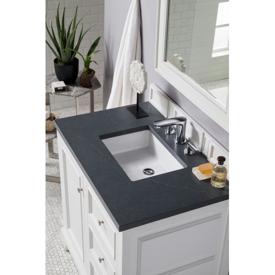 De Soto 36" Single Vanity, Bright White w/ 3 CM Charcoal Soapstone Quartz Top