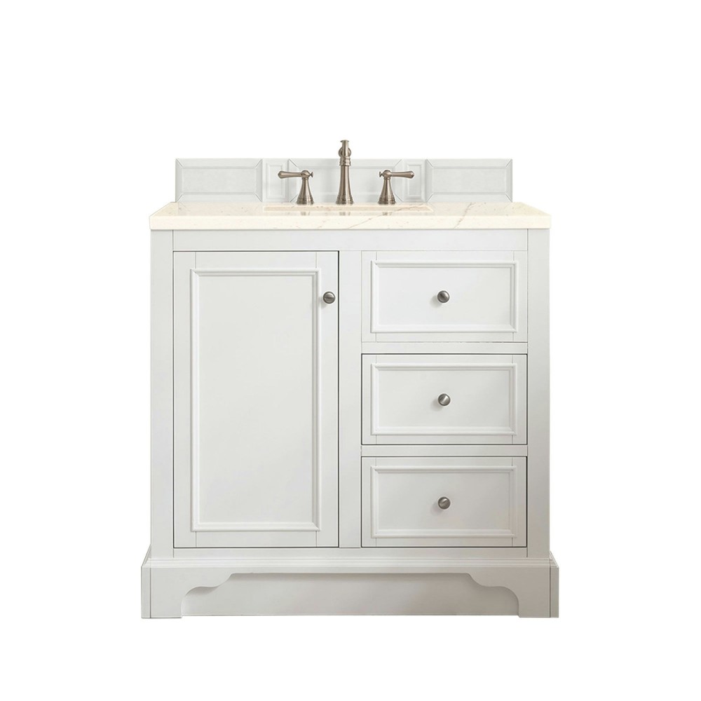 De Soto 36" Single Vanity, Bright White w/ 3 CM Eternal Marfil Quartz Top