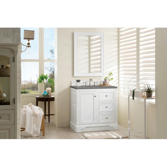 De Soto 36" Single Vanity, Bright White w/ 3 CM Grey Expo Quartz Top